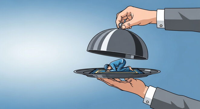 Revealing Islamic Devotion A Man in Prayer Presented on a Silver Platter Under a Dome
