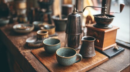 Ceramic coffee set displayed with vintage grinders on a wooden surface, blurred background