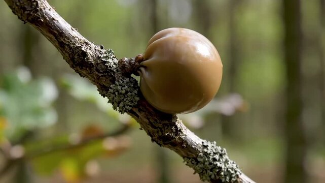 Brown fruit hanging from a tree branch in a forest.