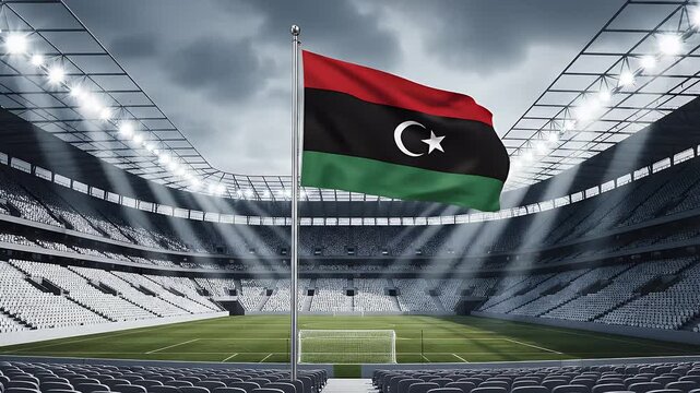Libyan flag waving in an empty soccer stadium with floodlights