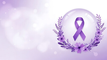 Fototapeta premium Purple ribbon in floral wreath on purple background
