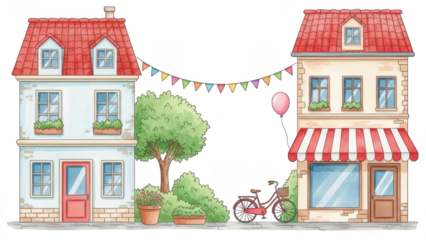 Colorful houses with red roofs and garden isolated on transparent background