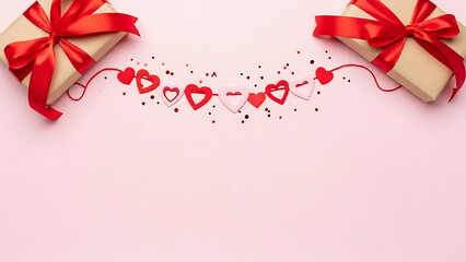 Valentines day gifts with hearts on pink background