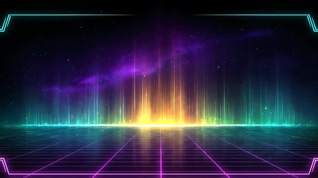 Futuristic neon-lit landscape with vibrant lights and grid pattern, showcasing technology and energy from a futuristic viewpoint in a 3D rendered scene