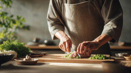 Close-up editorial photograph of a professional chef's hands precisely cutting fresh vegetables on a wooden board in a sunlit premium kitchen