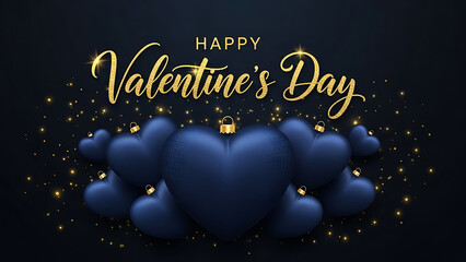 Happy valentines day with blue hearts on black background