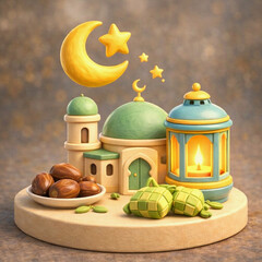 3D Ramadan Illustration with Mosque, Lantern, Crescent Moon, and Islamic Elements