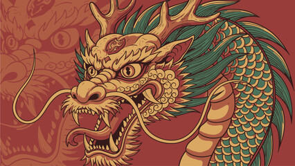 Vibrant Golden Dragon Illustration with Green Accents