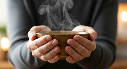 Close-up of hands holding a warm steaming bowl of food, evoking comfort and nourishment