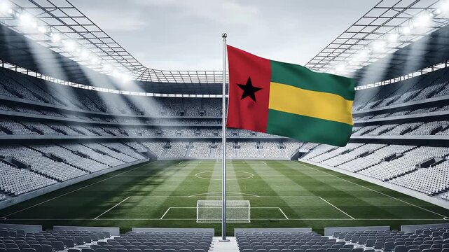 Ghana flag waving in empty soccer stadium with green field