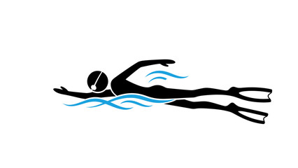 Silhouette of a Stick Figure Swimming Freestyle in Blue Water, Active and Determined