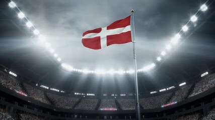 Danish flag waving in a packed stadium with bright lights