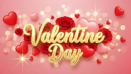 Valentine day with gold glittery text and flowers on pink