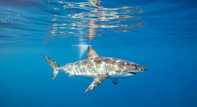Great White Shark Swimming in Clear Blue Ocean Water.
