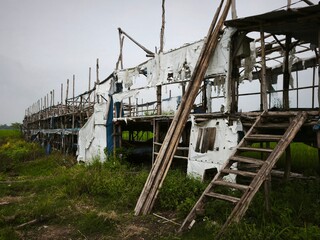 a Long Dilapidated Bamboo Structure with Torn White Tarpaulin Covers on a Rural Farm, Featuring a Rustic and Abandoned Architectural Style in a Grassy Field