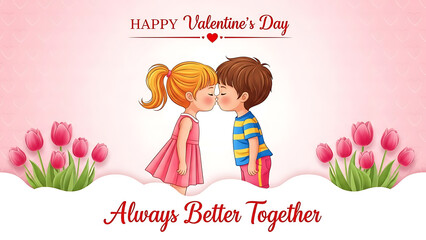 Valentines day couple kissing with flowers around them sweetly