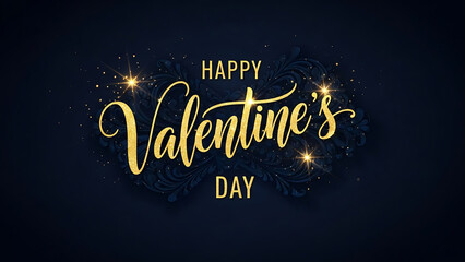 Happy valentines day gold text on dark blue background with hearts