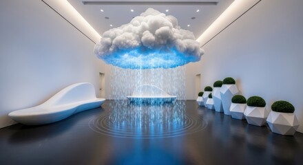 Dreamlike interior featuring a cloud sculpture with simulated rain and modern decor element