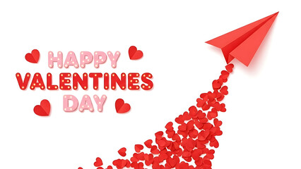Happy valentines day card with red hearts and paper plane flying