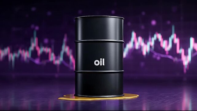 Oil barrel on a reflective surface with financial graphs in the background displaying market trends and analysis