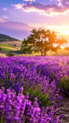 Obraz premium Lavender field at sunset with purple blooms and a silhouetted tree in the background