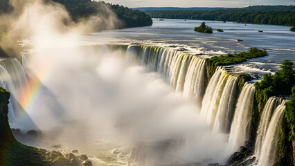 Aerial view of majestic waterfall landscape with lush greenery and rainbow