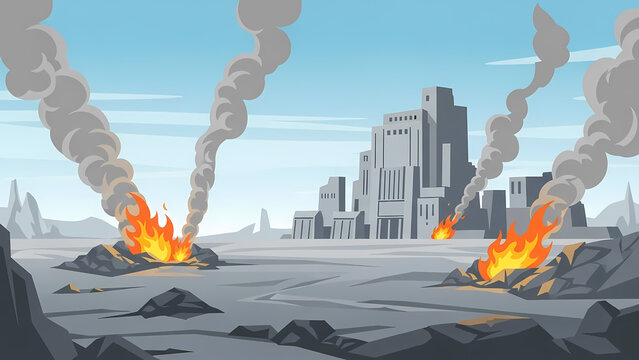 Polluted cityscape with industrial waste and environmental damage.