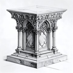 Elaborate detailed drawing of a stone structure with gothic architecture