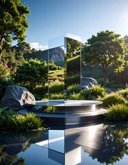 Modern reflective structure amid a lush garden, reflecting landscape