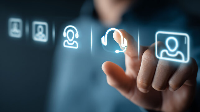 Touchscreen customer service panel with glowing support icons, representing modern technology, business assistance, user interface, and digital service automation - Powered by Adobe