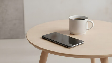 Morning Coffee and Smartphone on a Minimalist Wooden Table