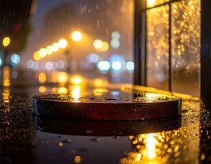 Round wet wood stage reflects rain, city lights blurred in backdrop