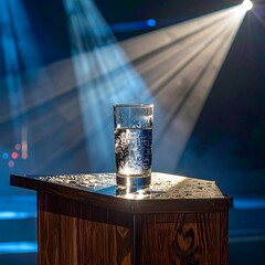 A glass of water sits on a wooden podium, lit by dramatic stage lighting