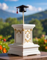 A decorative pedestal holding a graduation cap with a scenic background