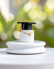 Miniature graduation cap atop a white decorative piece, bokeh background
