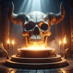 Giant horned skull on pedestal in a torchlit stone temple
