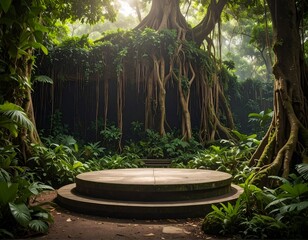 Lush jungle scene with a circular stone platform. Light filters through foliage
