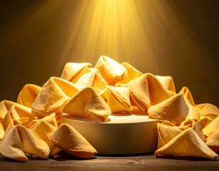 Pile of fortune cookies illuminated by a spotlight, golden glow