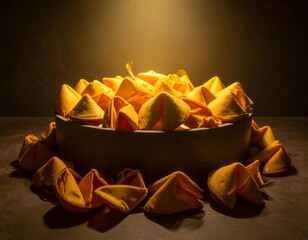 A bowl overflowing with golden fortune cookies, dramatic lighting