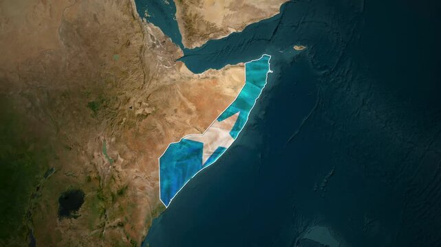 Somalia is highlighted on a satellite map animation with its national colors