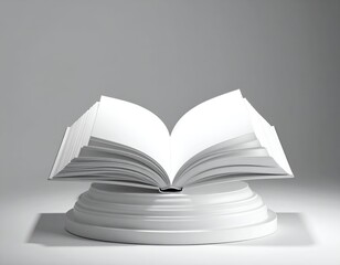 White open book on a pedestal, pages fanned, lit by soft light