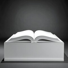 Open book atop a white block, against a shaded gray background