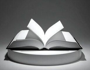 An open book sits on a white pedestal, pages illuminated