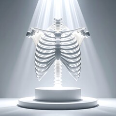 Anatomical torso skeleton illuminated on a pedestal by bright spotlight