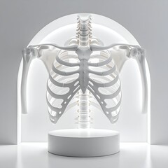 3D render of a human skeleton, illuminated, inside an arched structure