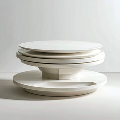 Modern, white, layered, circular table with stepped and minimalist design