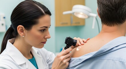 A dermatologist examining a patient's skin with a dermatoscope.
