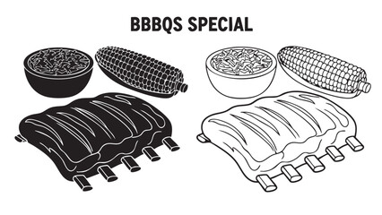 Bbq food items including ribs corn silhouette on transparent background