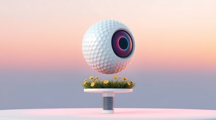 Surreal Floating Eye with Grass and Flowers in Pastel Sky
