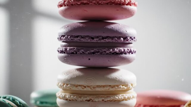 Stack of Colorful Macarons Balancing in Bright Studio Light